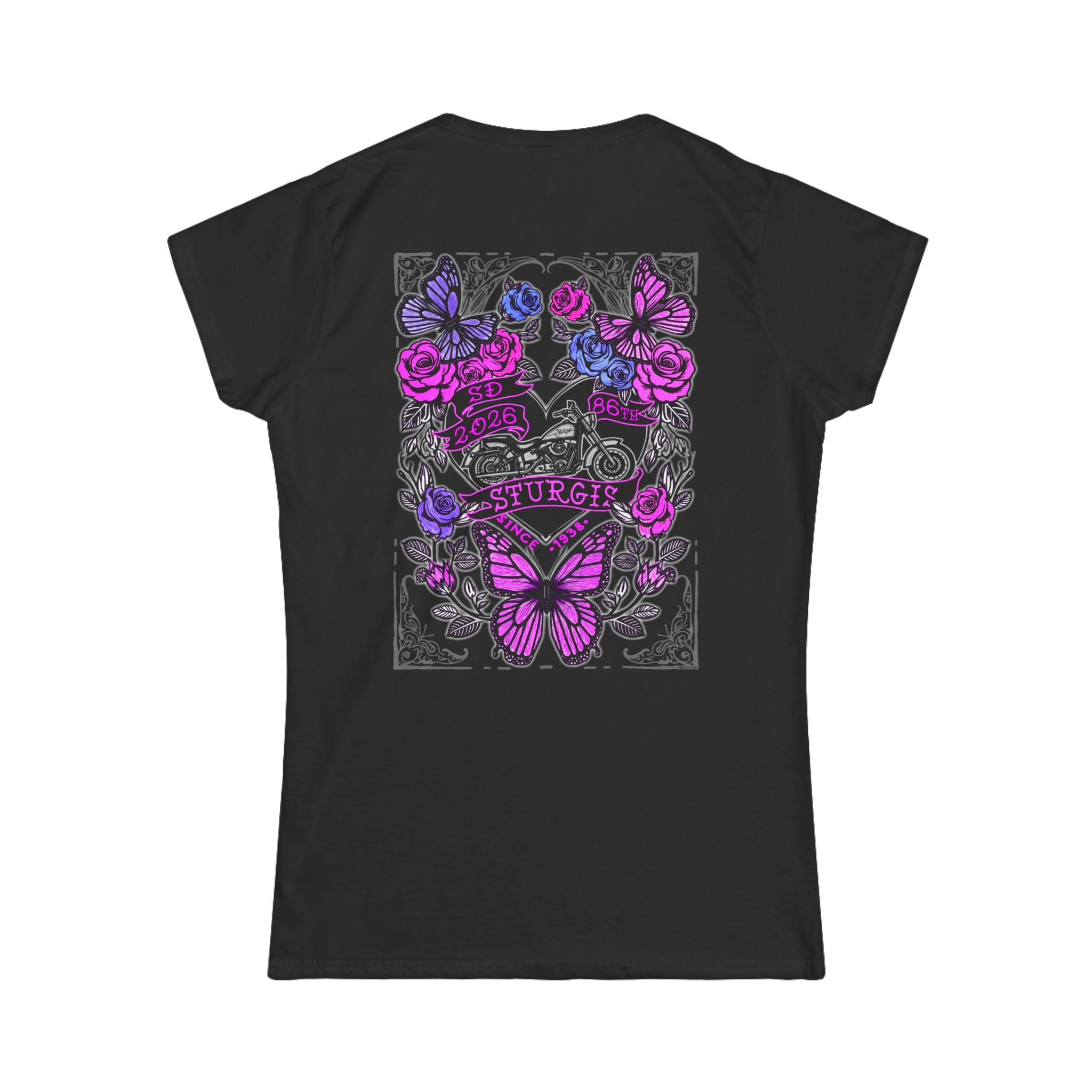 2026 Sturgis Motorcycle Rally Butterfly Roses Ladies Black T-Shirt GMX