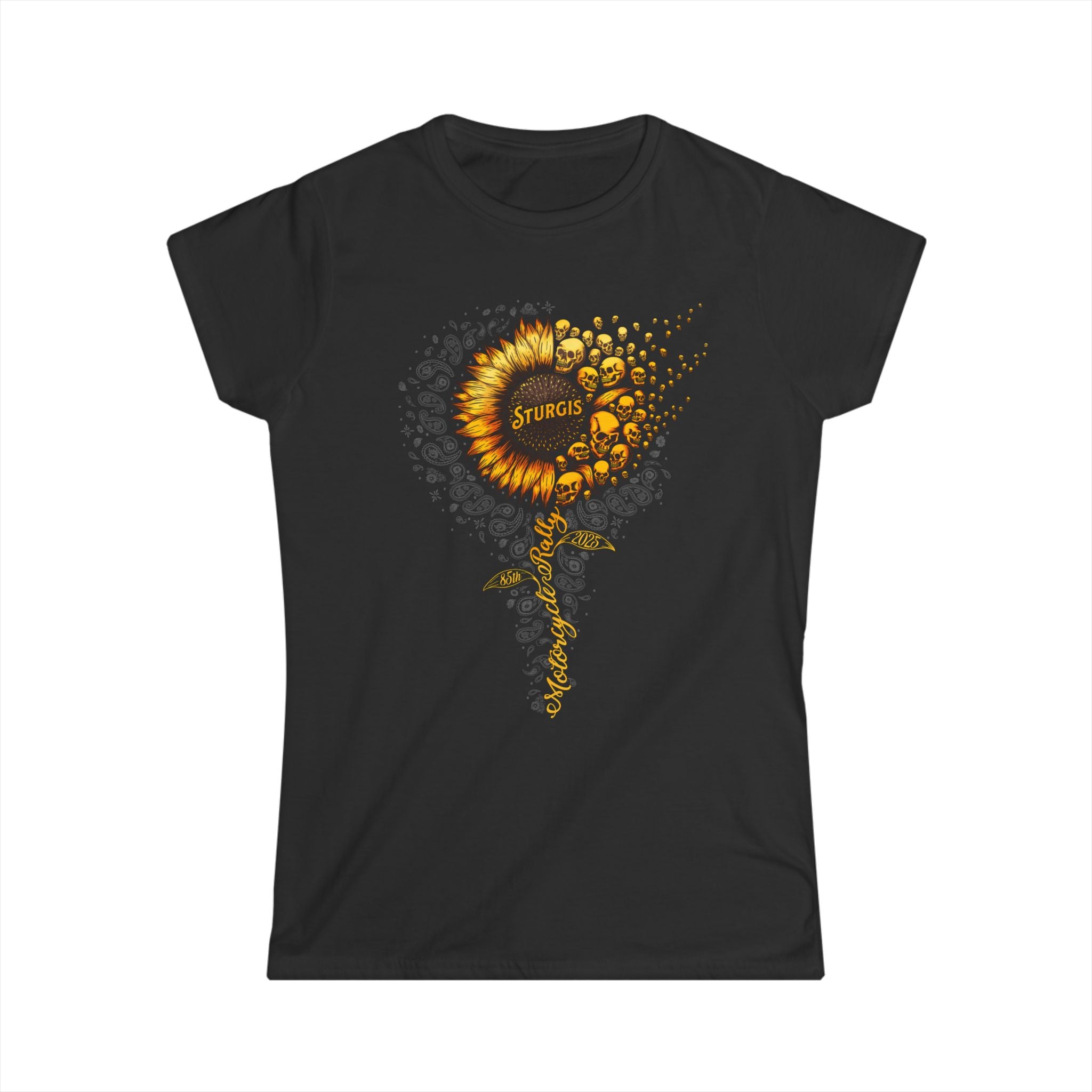 2025 Sturgis Motorcycle Rally Sunflower Skulls Ladies Black T-Shirt GMX