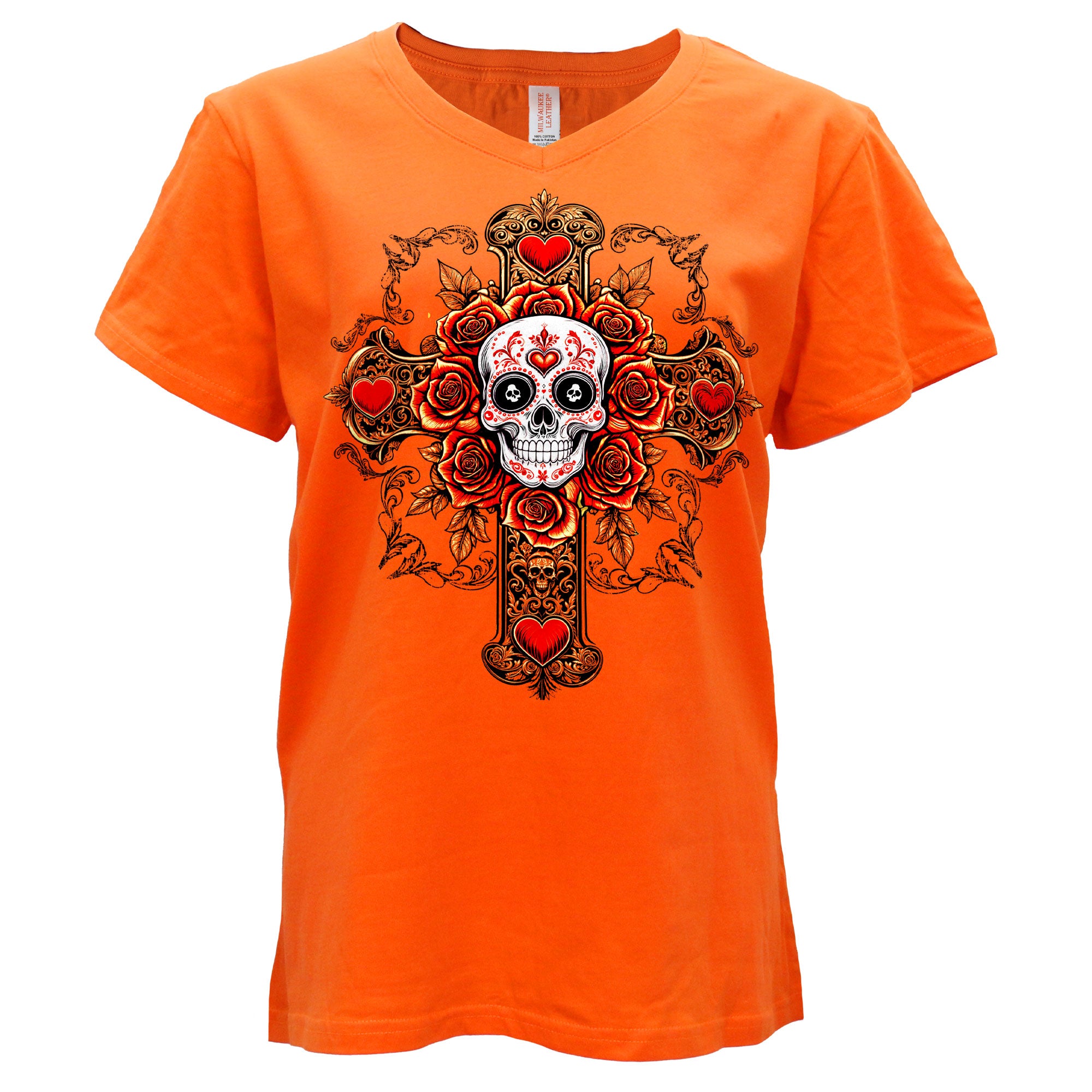 Hot Leathers Cross Skull SS Orange V Neck T-shirt GLC1608