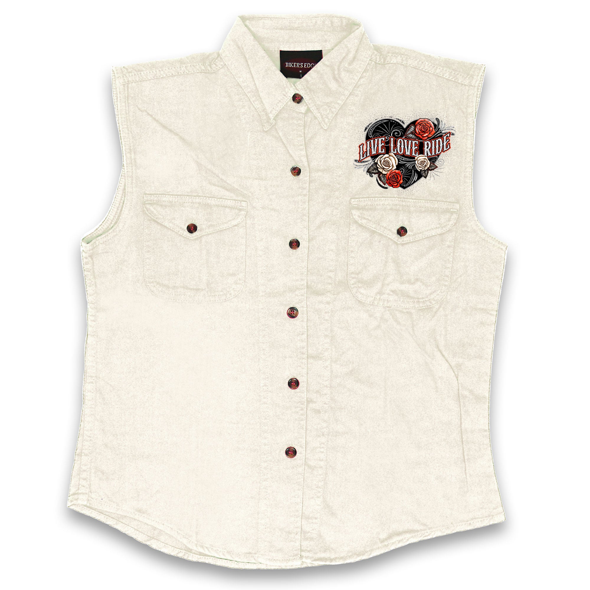 Hot Leathers Live Love Ride Wings Ladies White Denim Shirt GLC5001
