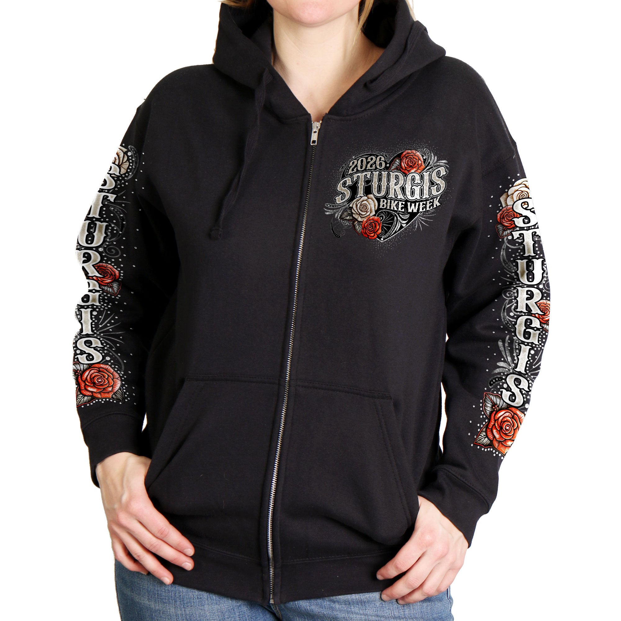 2026 Sturgis Motorcycle Rally Leather Wings Black Zip up Hoodie
