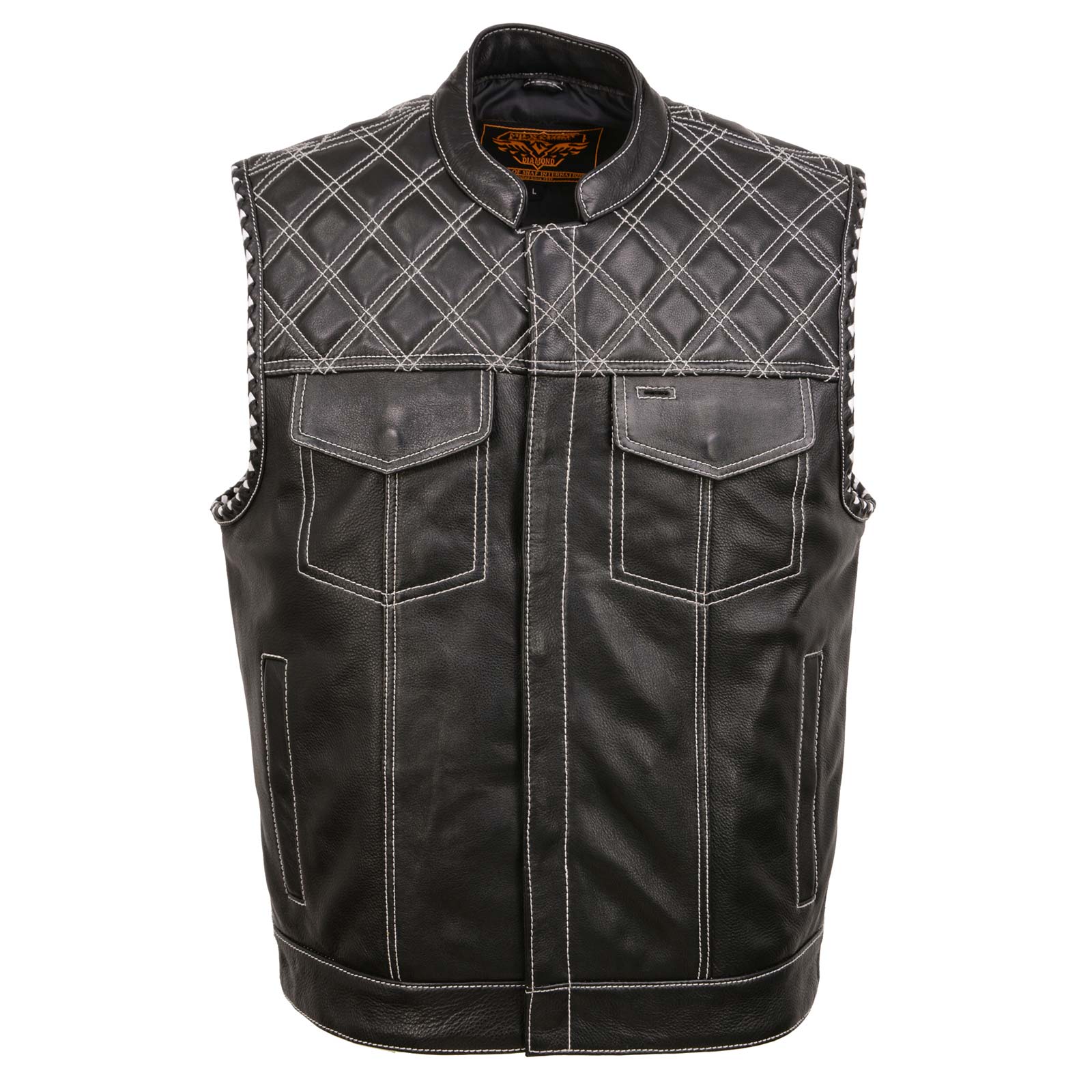 Milwaukee Leather MLM3525 Men's Black 'Paisley' Accented White Stitching Leather Vest β w/Armhole Trim Open Collar Design
