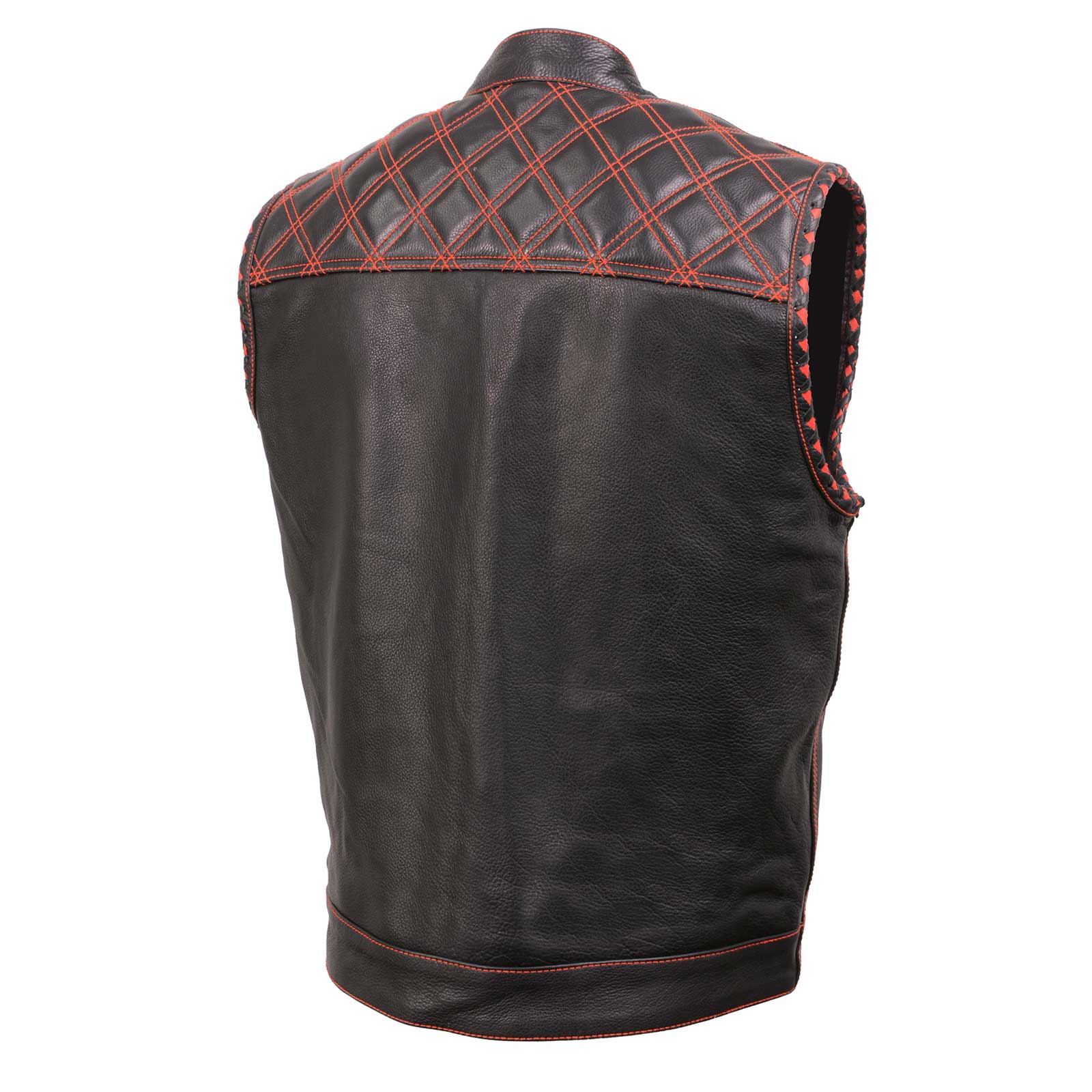 Milwaukee Leather MLM3526 Men's Black 'Paisley' Accented Red Stitching Leather Vest β w/ Armhole Trim Open Collar Design