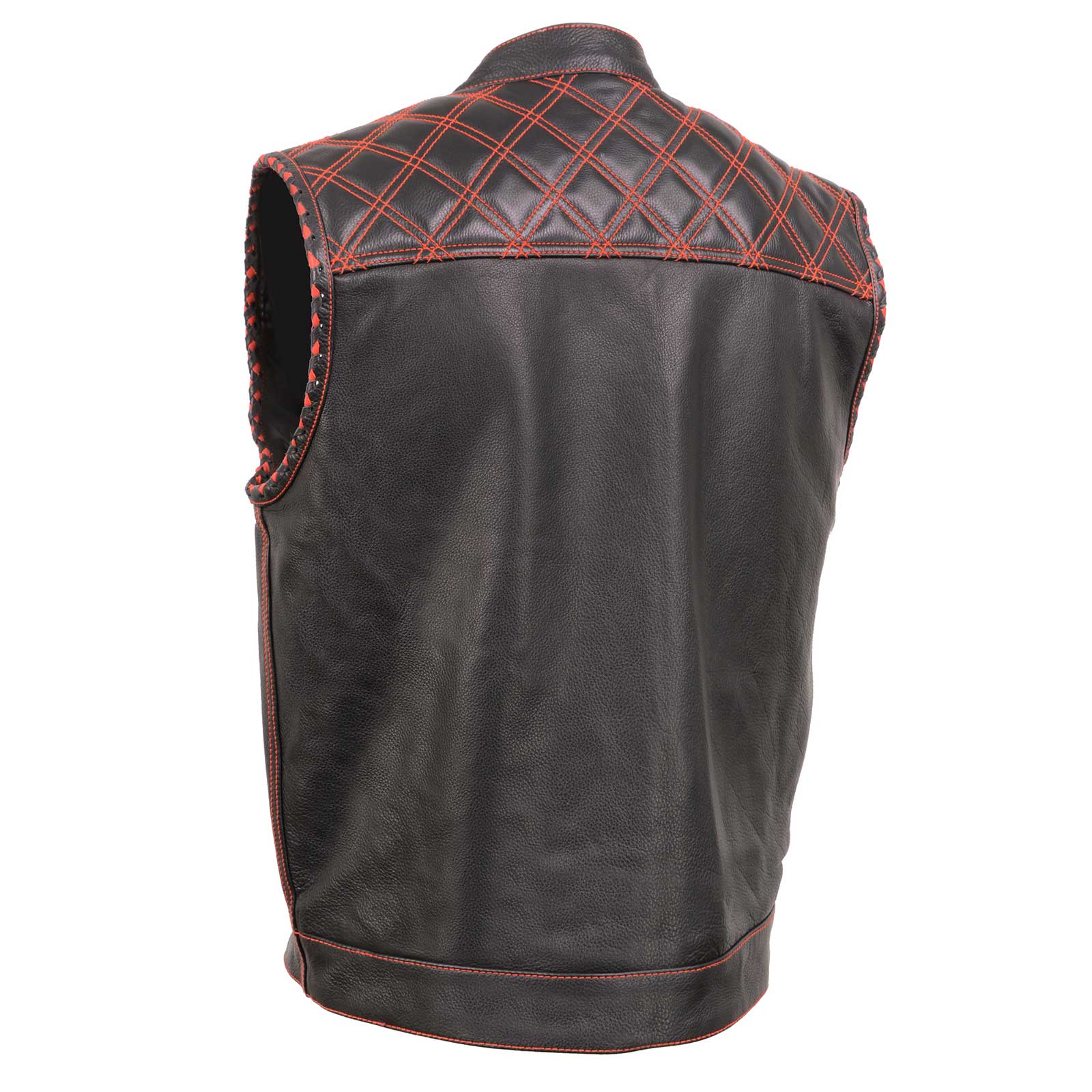 Milwaukee Leather MLM3526 Men's Black 'Paisley' Accented Red Stitching Leather Vest β w/ Armhole Trim Open Collar Design
