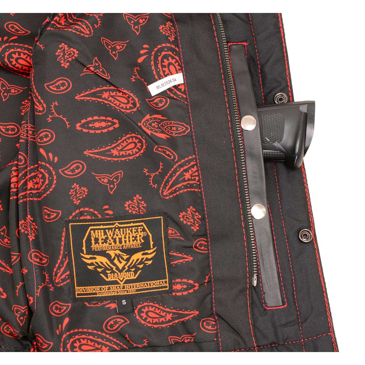 Milwaukee Leather MLM3526 Men's Black 'Paisley' Accented Red Stitching Leather Vest β w/ Armhole Trim Open Collar Design
