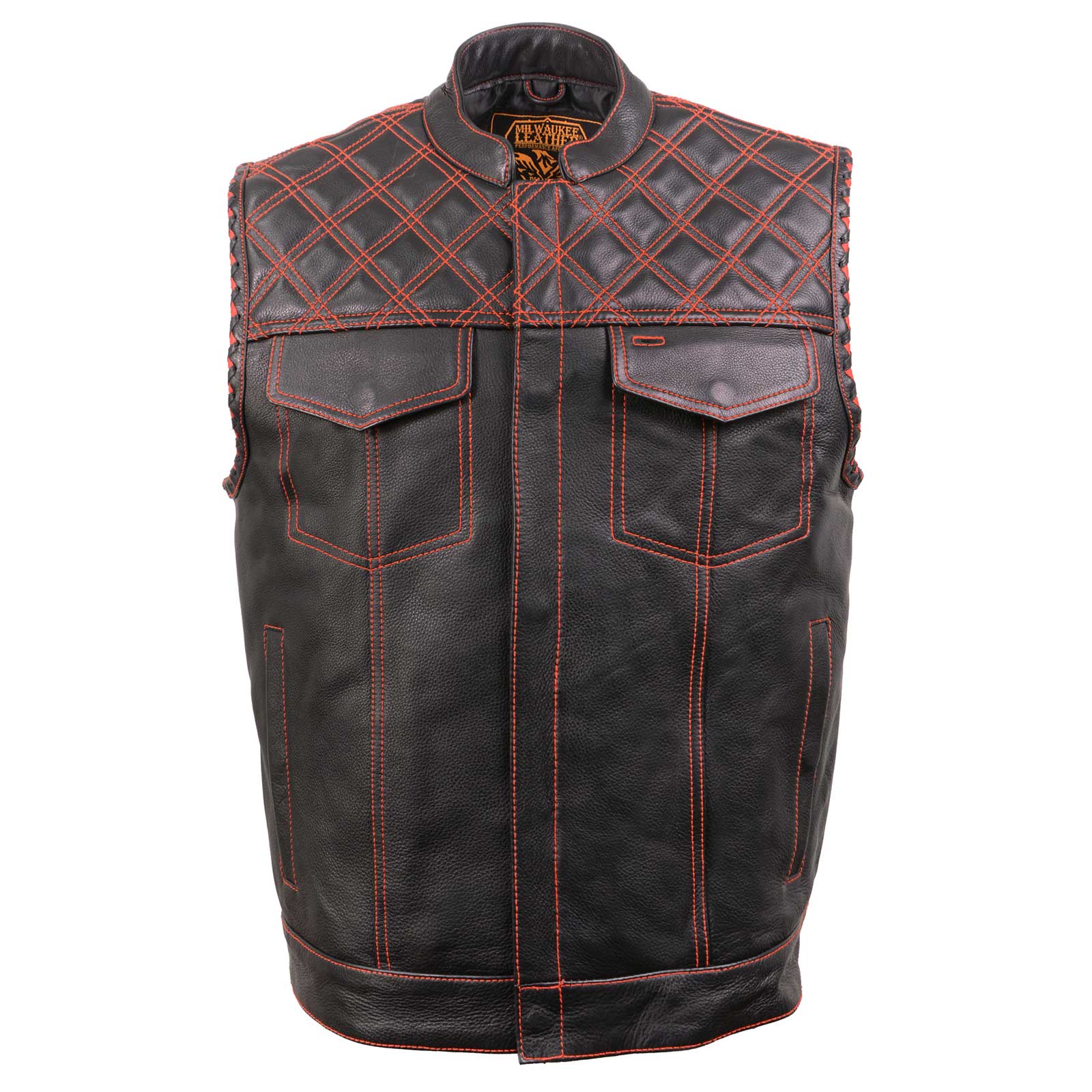Milwaukee Leather MLM3526 Men's Black 'Paisley' Accented Red Stitching Leather Vest β w/ Armhole Trim Open Collar Design