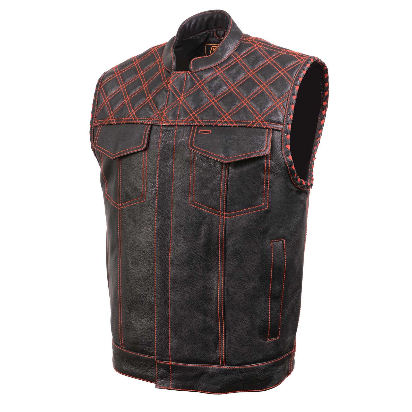 Milwaukee Leather MLM3526 Men's Black 'Paisley' Accented Red Stitching Leather Vest β w/ Armhole Trim Open Collar Design