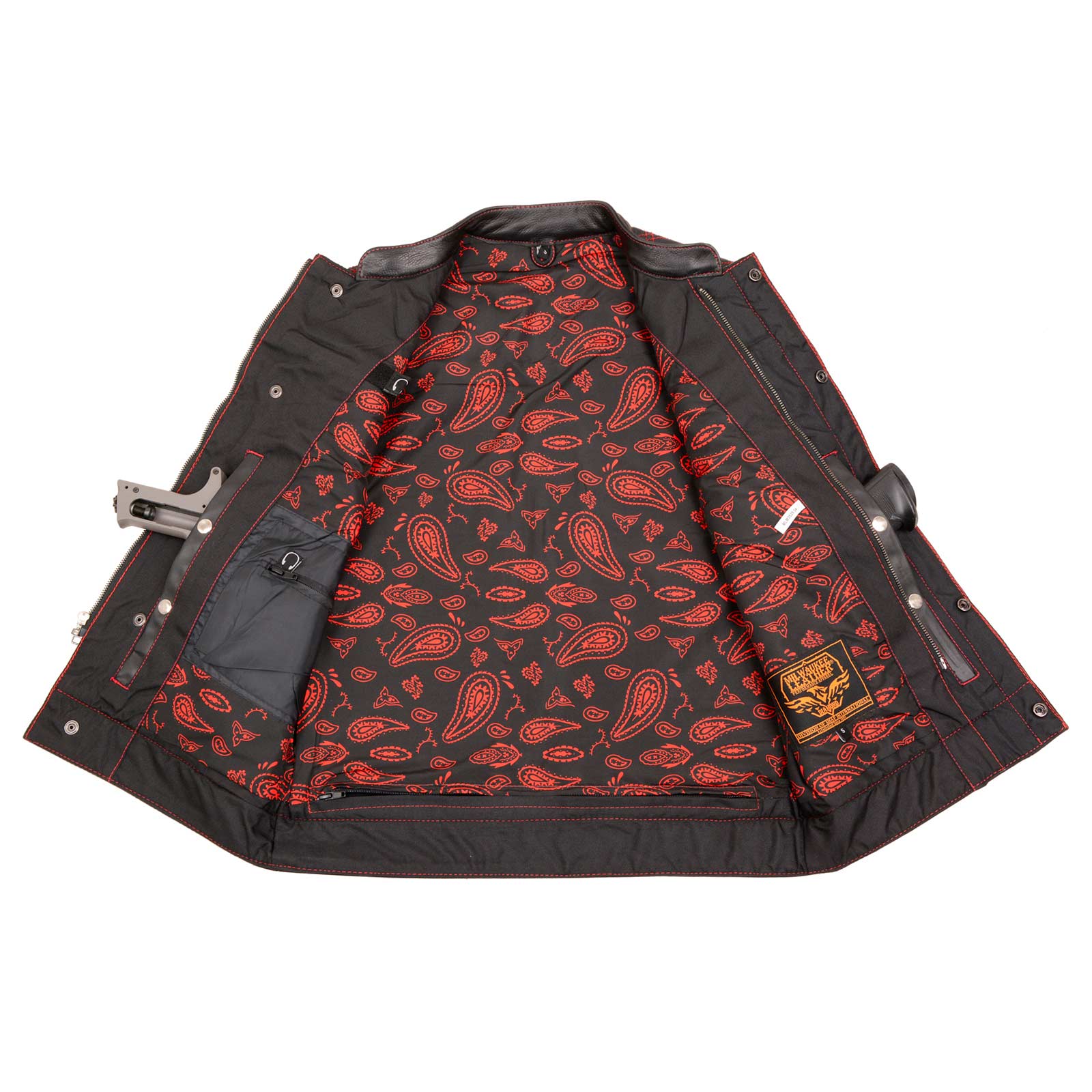Milwaukee Leather MLM3526 Men's Black 'Paisley' Accented Red Stitching Leather Vest β w/ Armhole Trim Open Collar Design