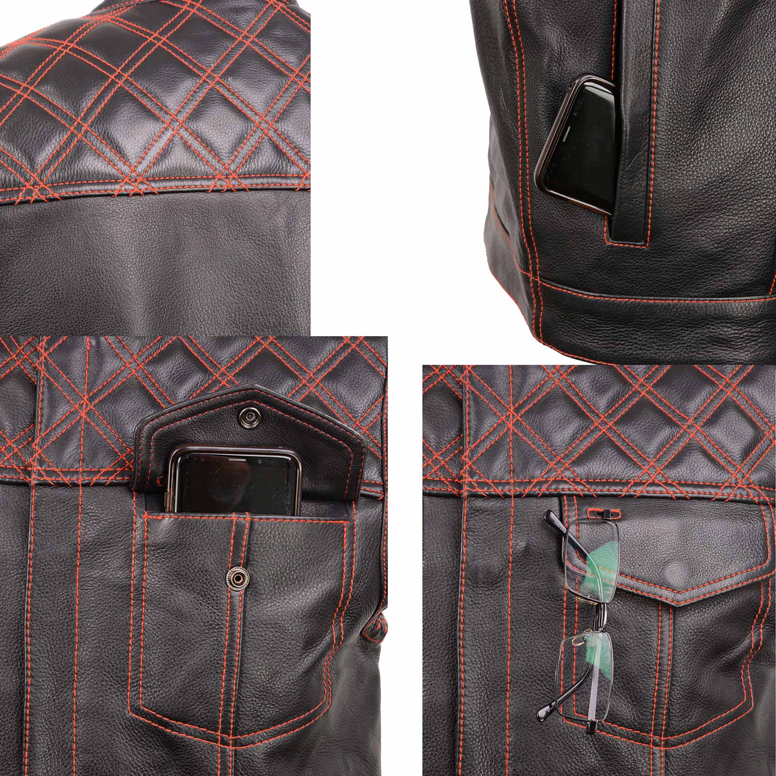 Milwaukee Leather MLM3526 Men's Black 'Paisley' Accented Red Stitching Leather Vest β w/ Armhole Trim Open Collar Design