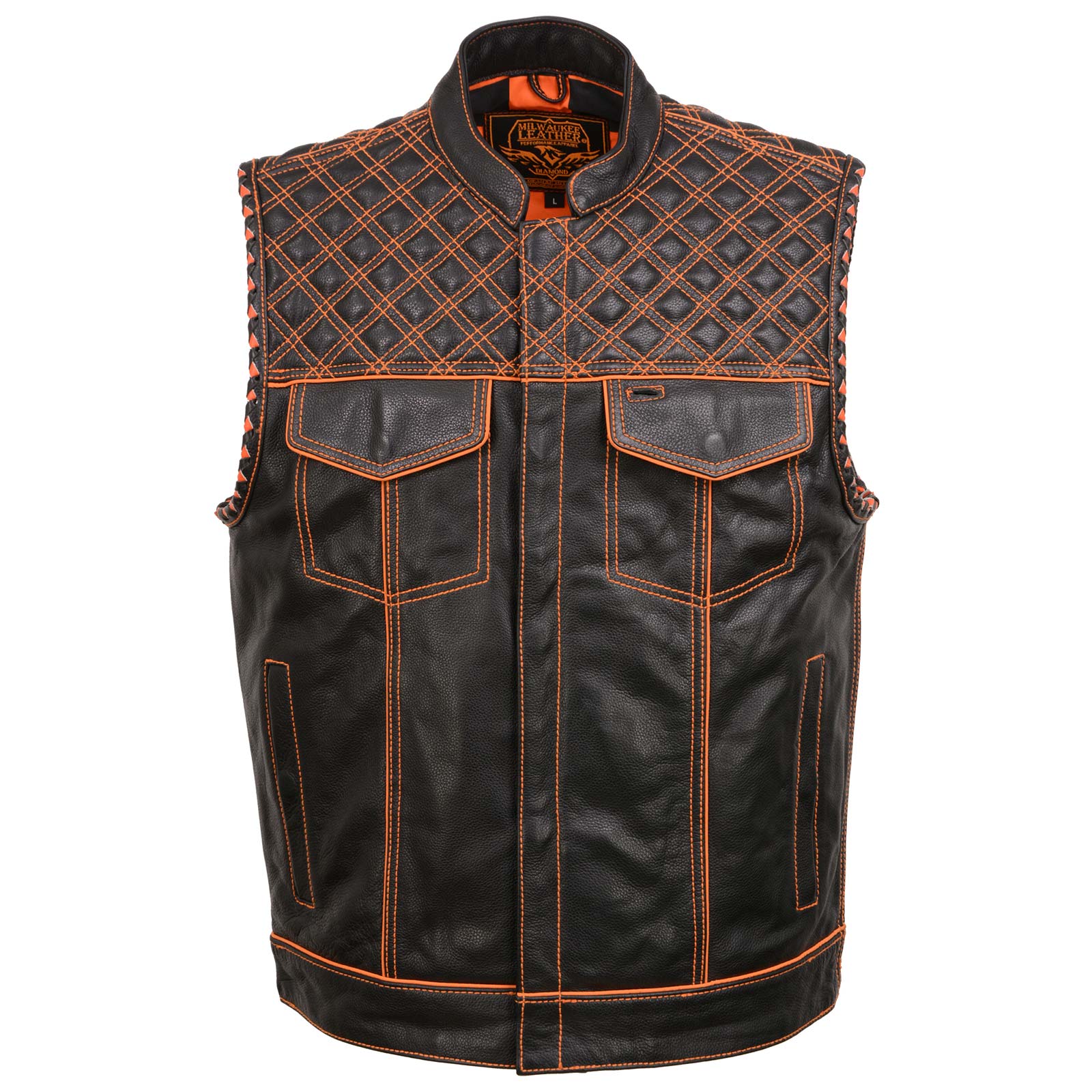 Milwaukee Leather MLM3527 Men's Black 'Checkered Flag' Accented Orange Stitching Leather Vest β W/ Armhole Trim