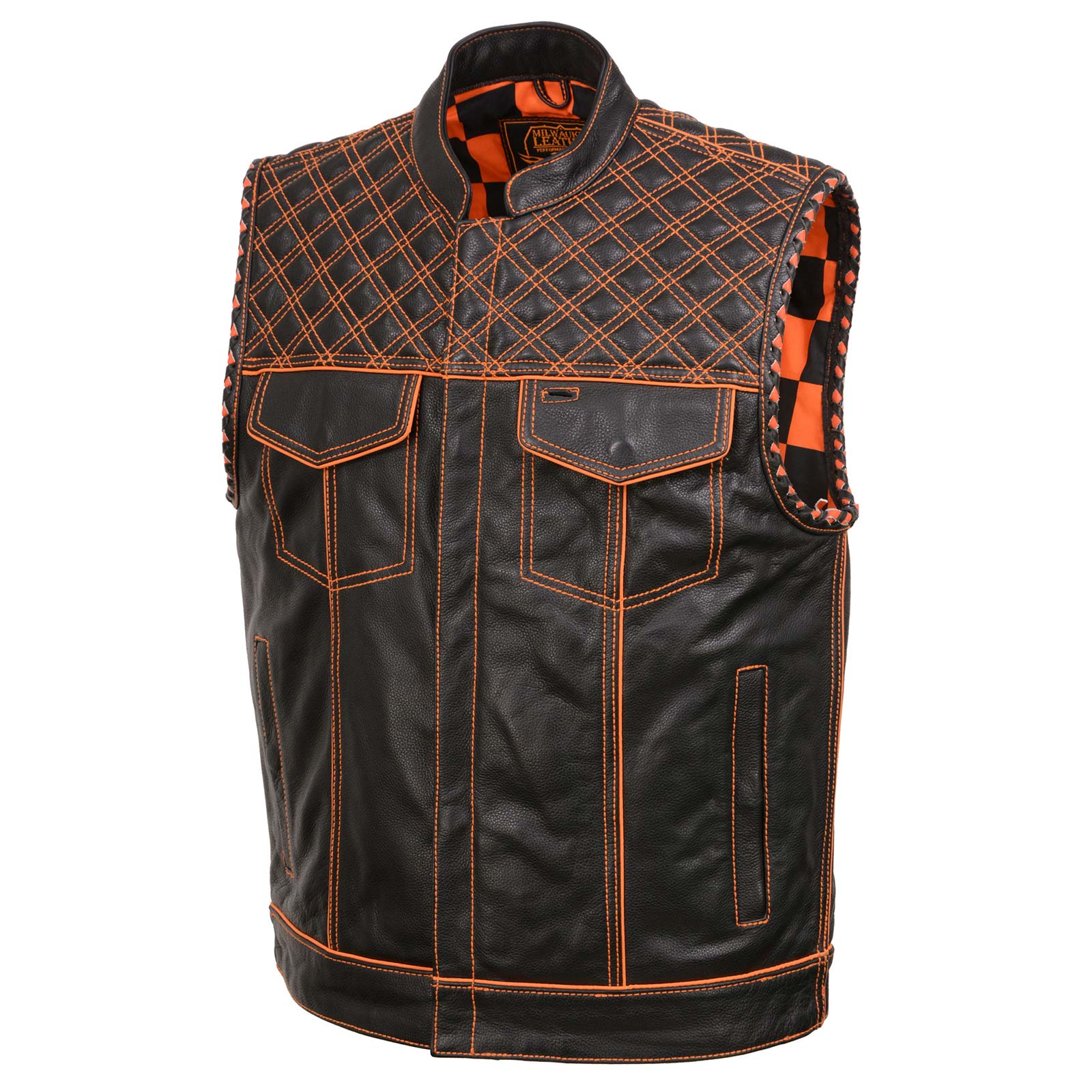 Milwaukee Leather MLM3527 Men's Black 'Checkered Flag' Accented Orange Stitching Leather Vest β W/ Armhole Trim