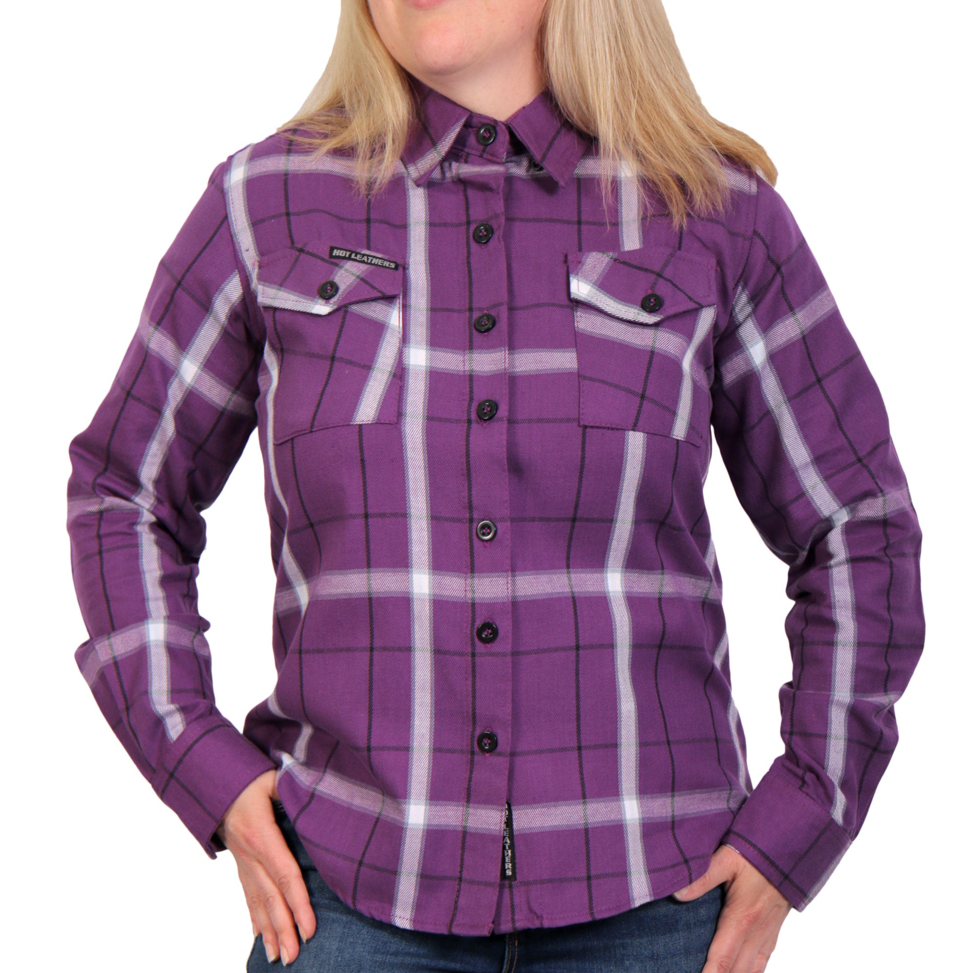 Hot Leathers Ladies Purple/White/Black Long Sleeve Flannel Hot Leathers Ladies Purple/White/Black Long Sleeve Flannel