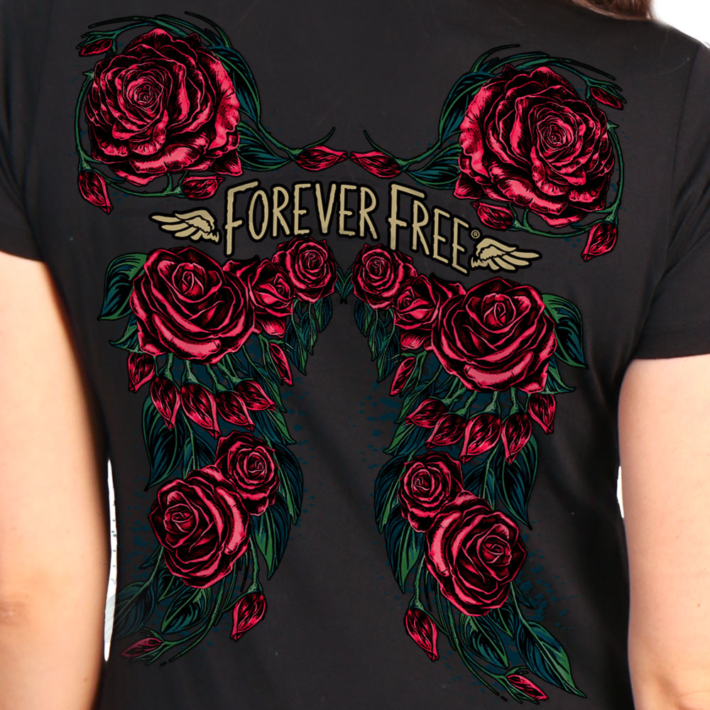 Hot Leathers  Ladies Black Rose Wings V-Neck T-Shirt GLD1550