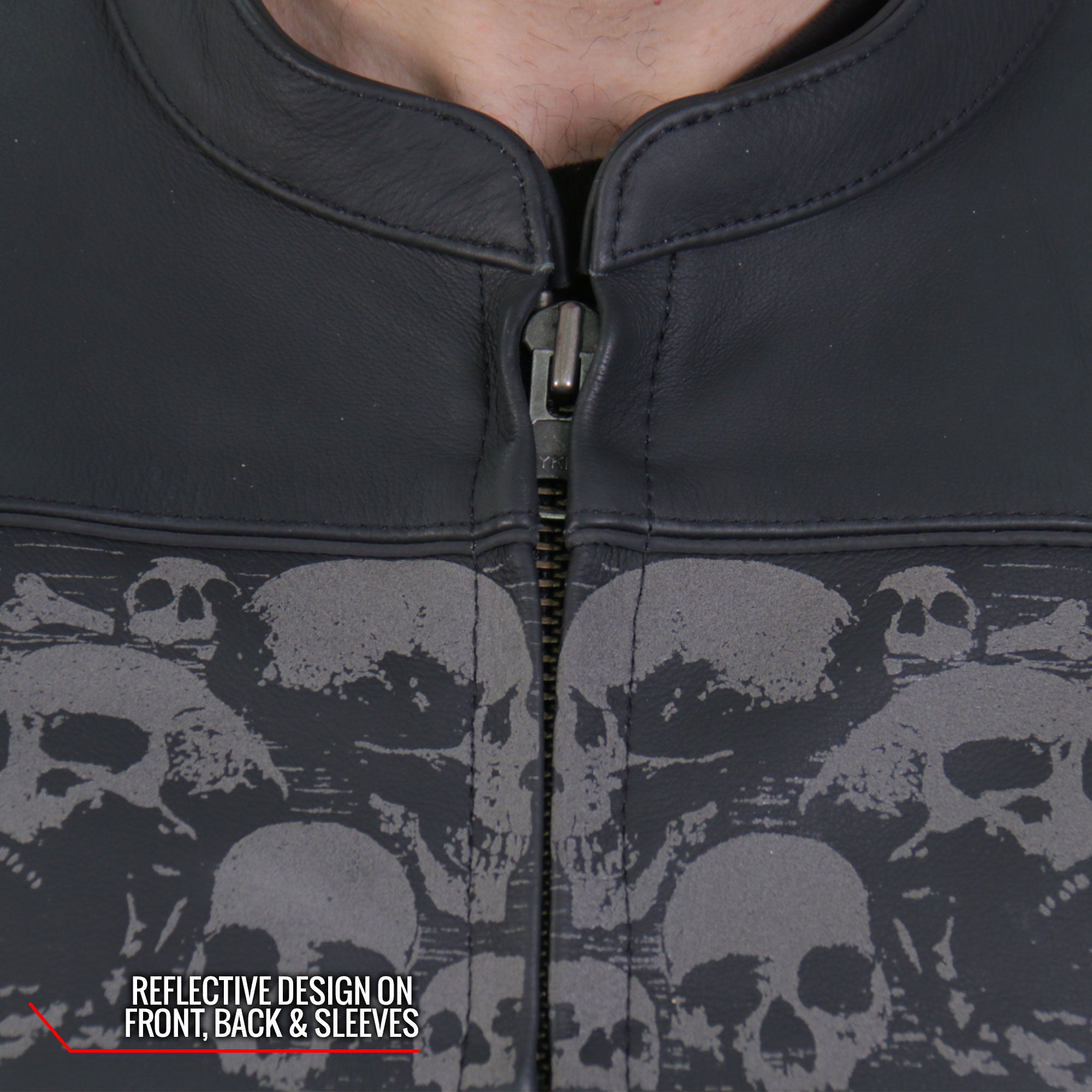 Hot Leathers JKM2002 Menâs Black Biker âReflective Skull' Printed Leather Motorcycle Jacket with Concealed Carry Pockets