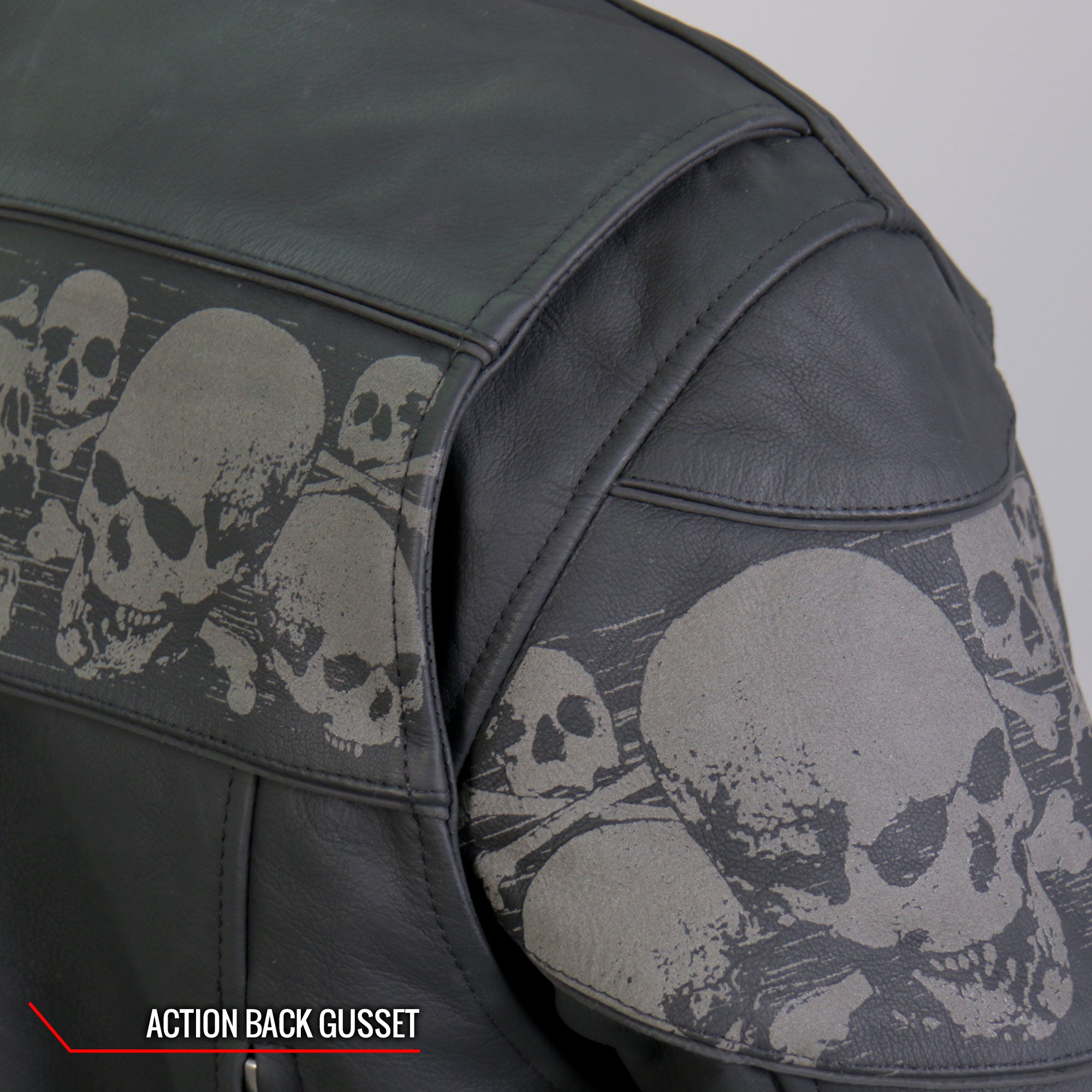 Hot Leathers JKM2002 Menâs Black Biker âReflective Skull' Printed Leather Motorcycle Jacket with Concealed Carry Pockets
