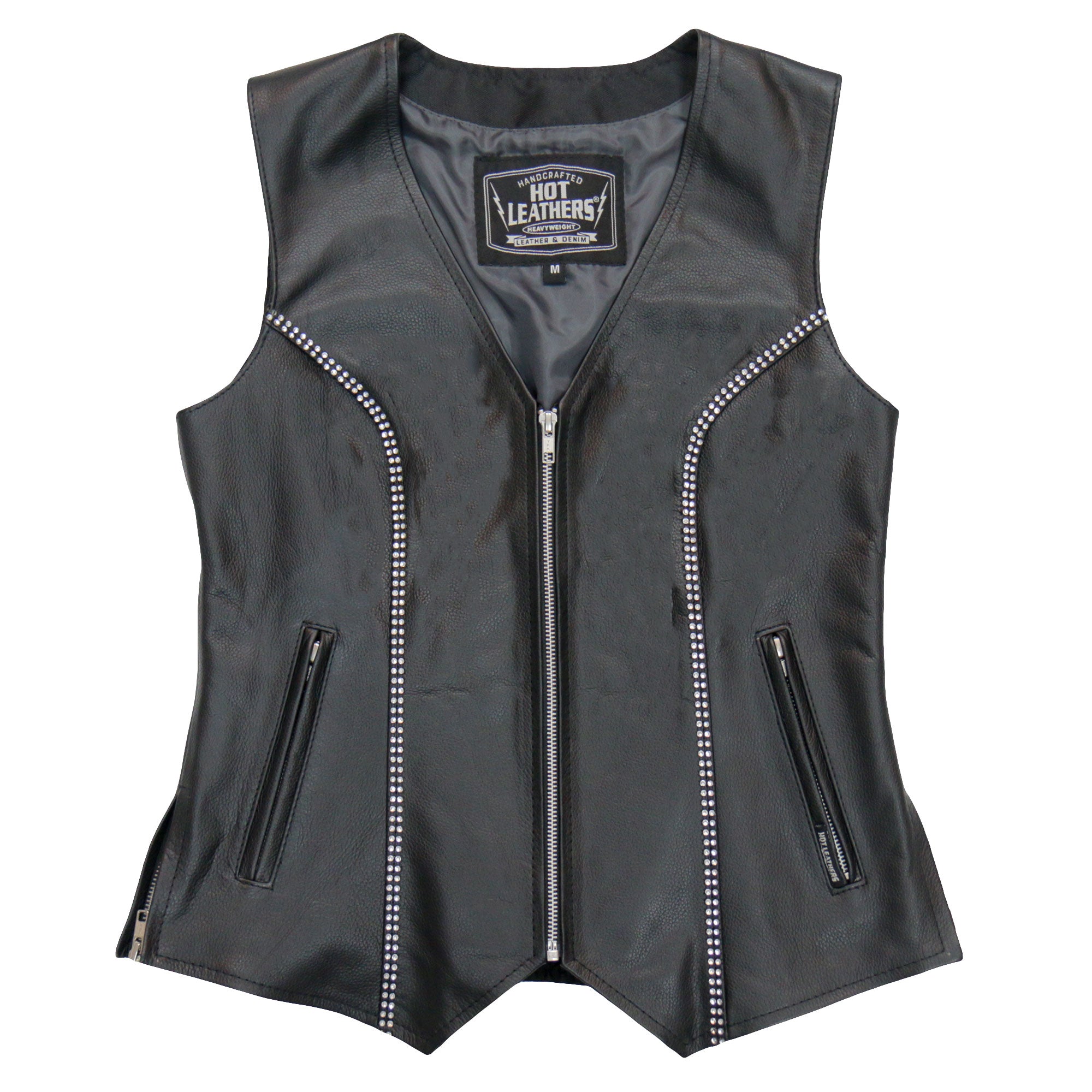 Hot Leathers VSL1016 Ladies Biker 'Rhinestone' Black Leather Motorcycle Vest