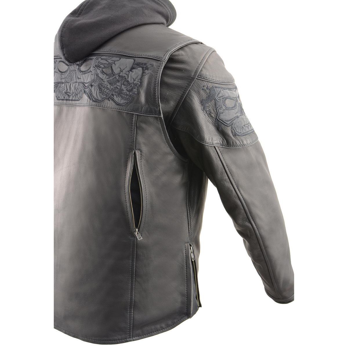 Milwaukee Leather MLM1563 Men's âCross Overâ Black Leather Jacket with Reflective Skulls
