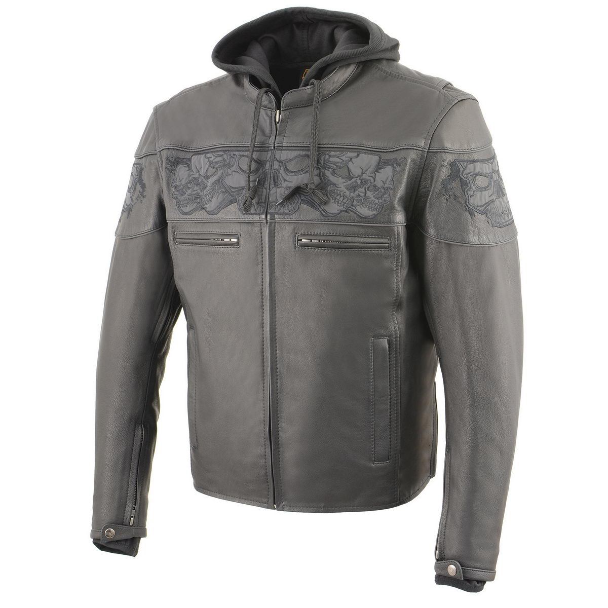 Milwaukee Leather MLM1563 Men's âCross Overâ Black Leather Jacket with Reflective Skulls