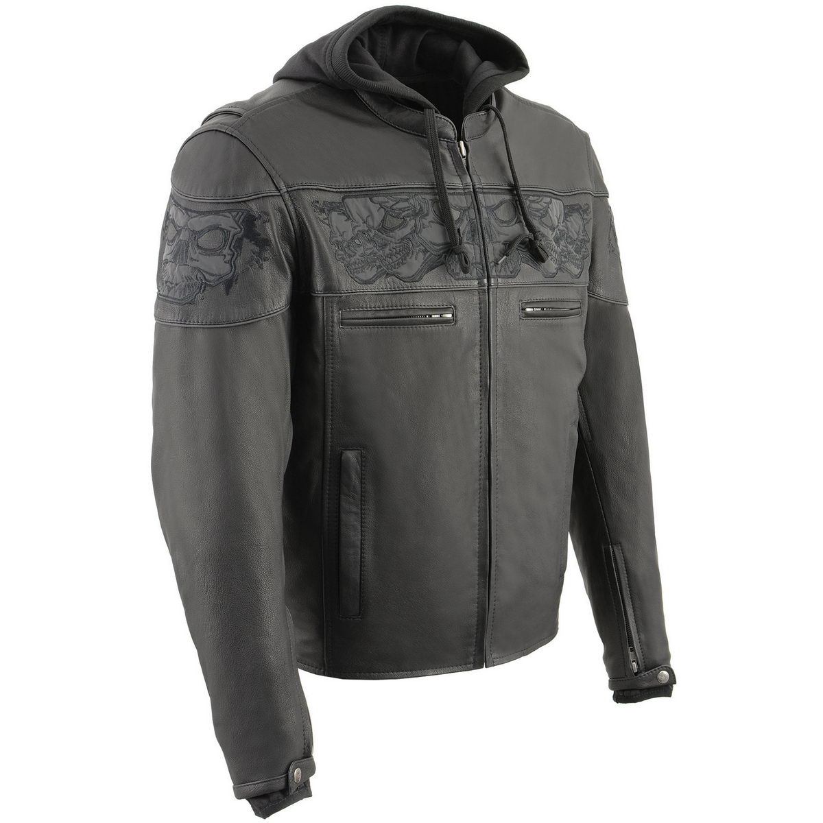 Milwaukee Leather MLM1563 Men's âCross Overâ Black Leather Jacket with Reflective Skulls