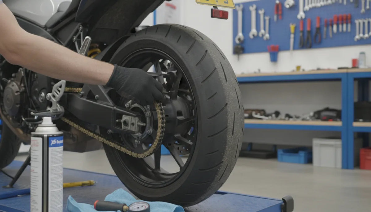 Mechanic inspecting a motorcycle rear tire to determine if it can be patched.
