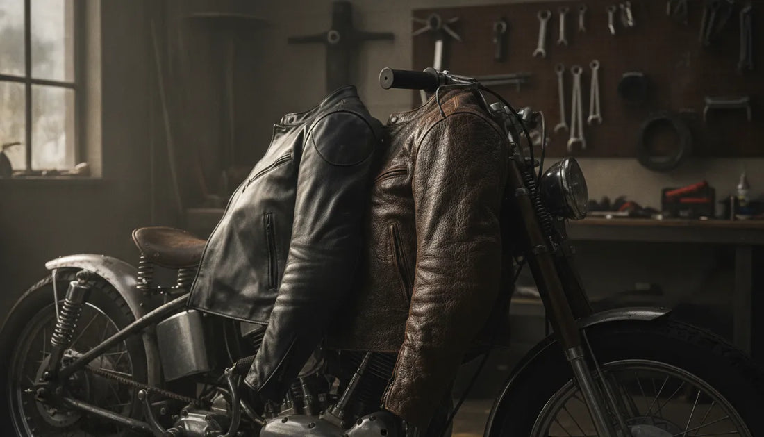 Cowhide and buffalo leather motorcycle jackets hanging in a motorcycle workshop