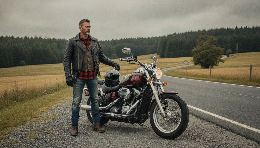 Motorcycle rider wearing a red flannel shirt under a black leather jacket
