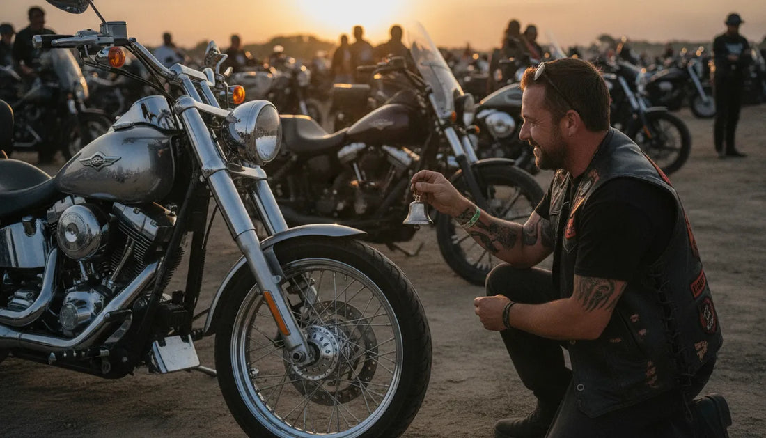 Rider in a leather vest gifting a small guardian bell beside a V-twin motorcycle at a rally