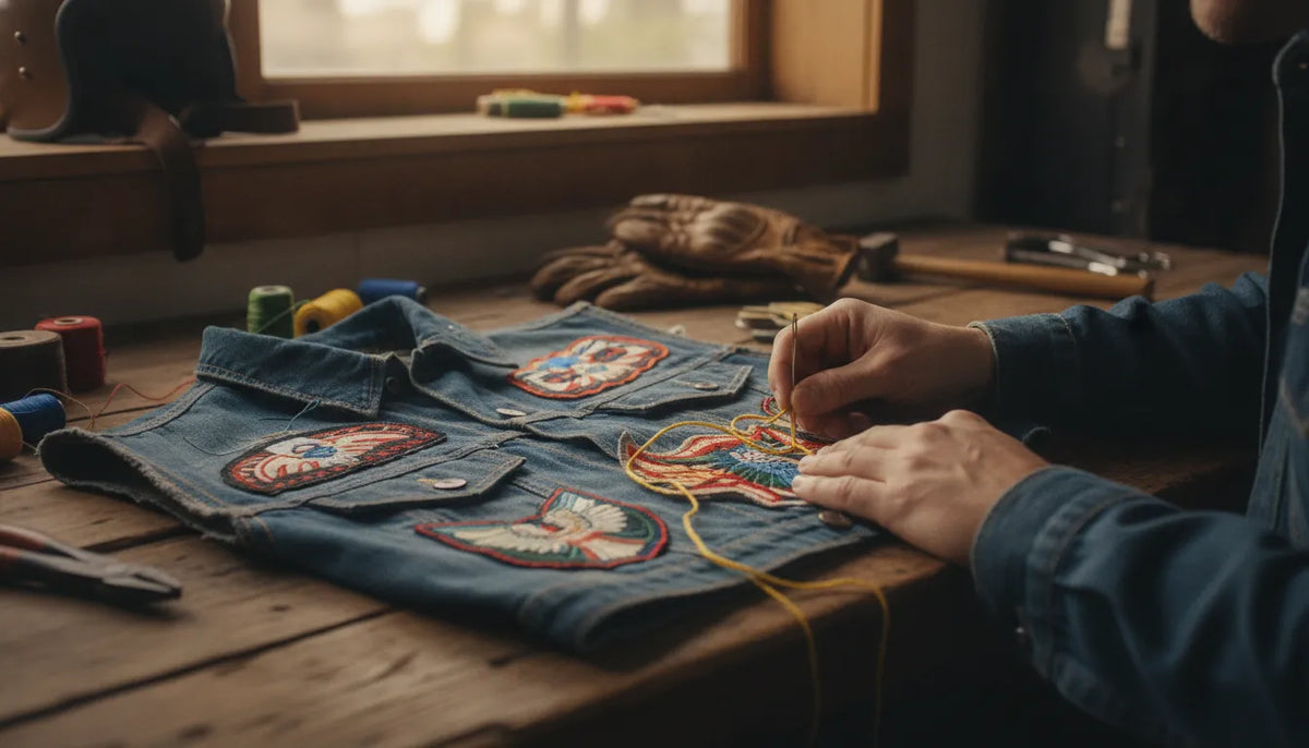 Rider sewing embroidered patches onto a blue denim motorcycle vest