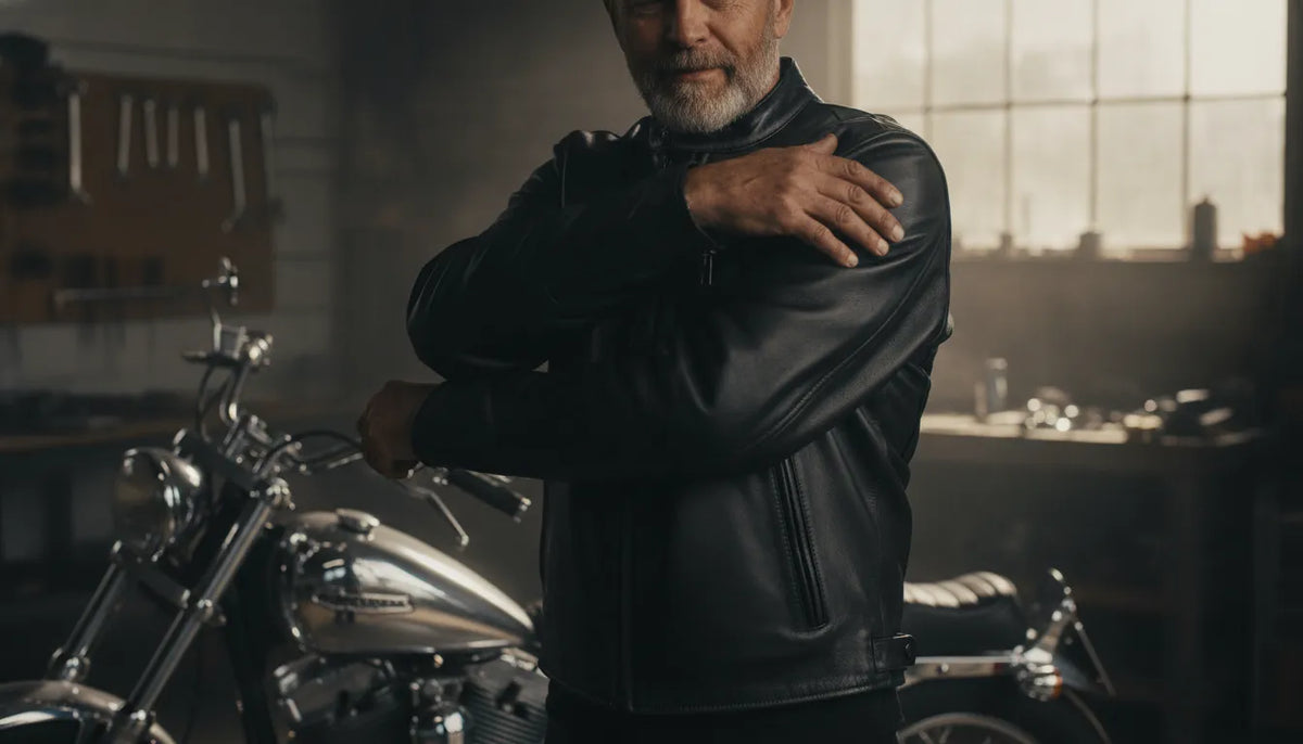 Rider wearing in a black leather motorcycle jacket beside a V-twin