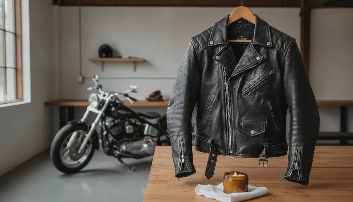 Black leather motorcycle jacket hanging beside a motorcycle with a microfiber cloth and leather conditioner