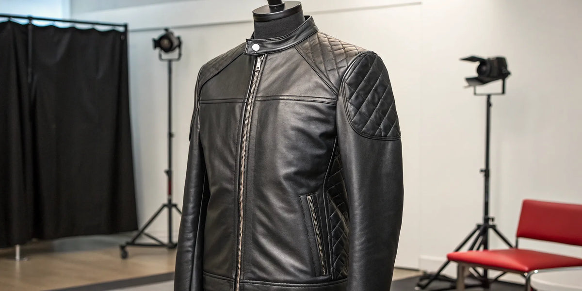 Black leather racing jacket in a classic café racer style.