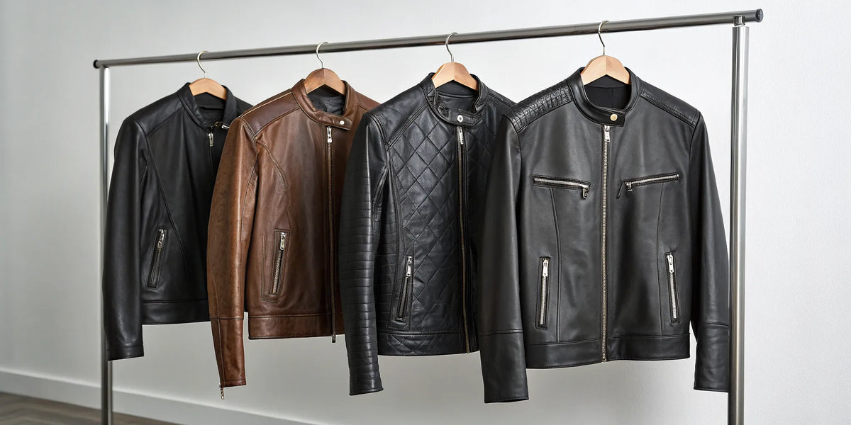 A selection of black and brown leather Harley jackets on a rack for finding the right style.