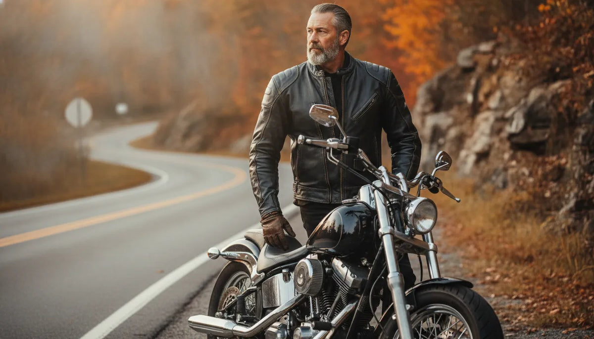 Motorcycle rider wearing a black leather jacket beside a V-twin motorcycle