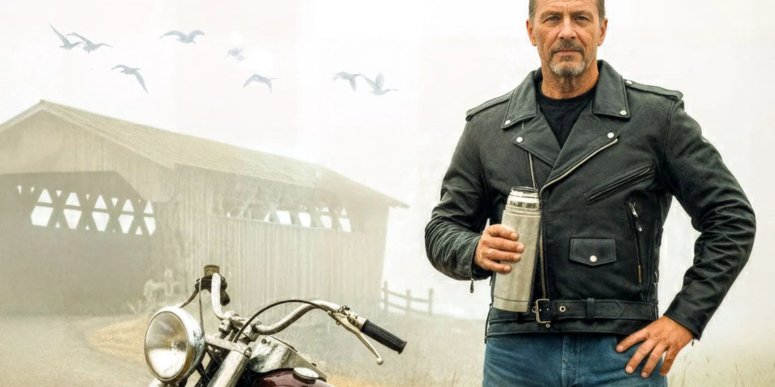 Hot Leathers JKM1002 Men's motorcycle leather jacket with zip-out lining, shown in black top-grain cowhide leather.