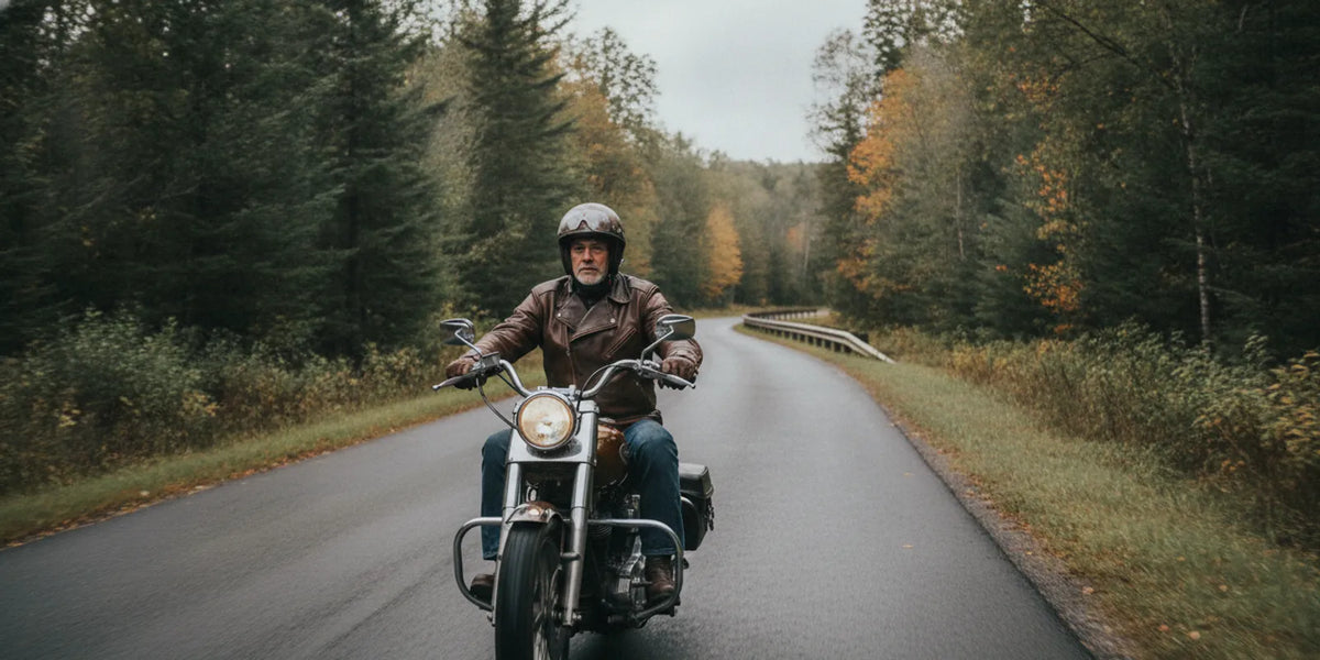 Motorcyclist wearing a leather riding jacket on a New Hampshire road