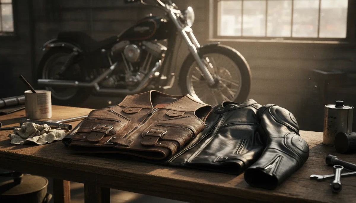 Leather motorcycle vest and jacket beside a classic V-twin motorcycle