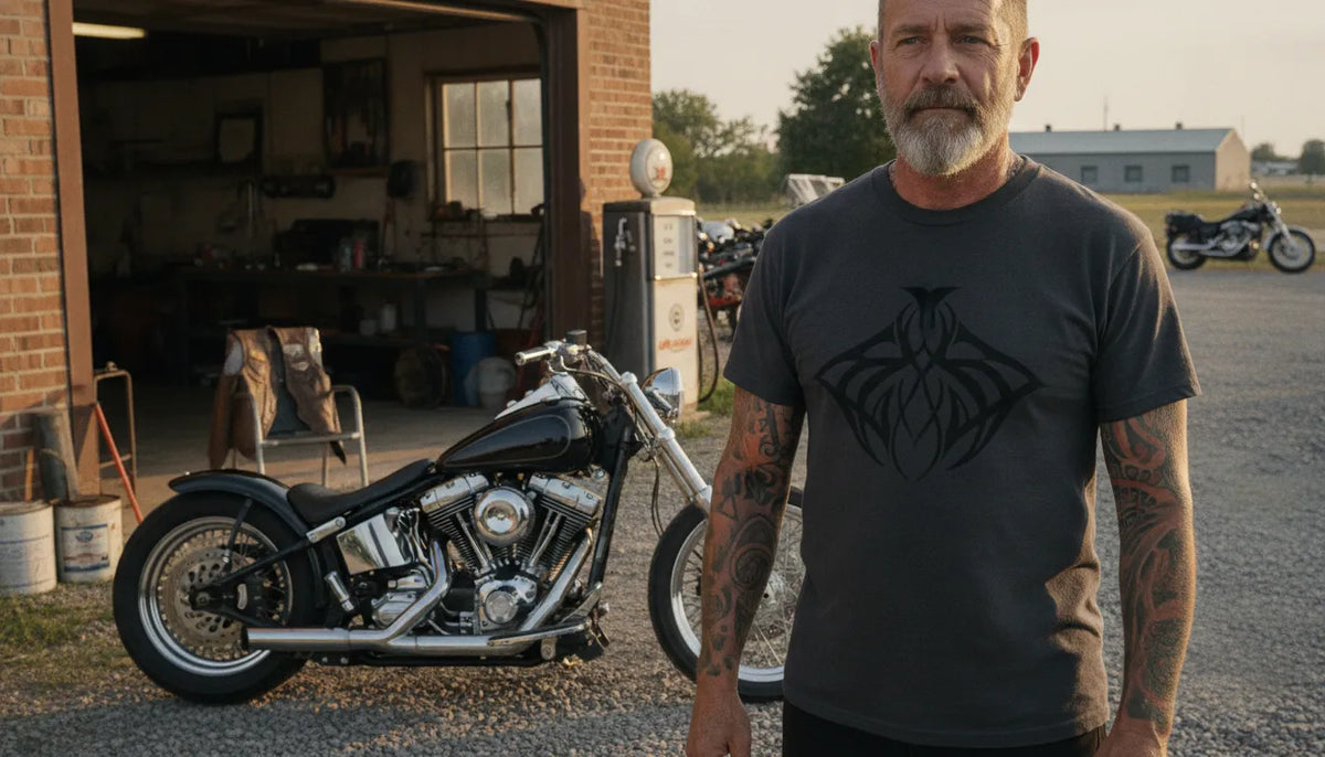 V-twin rider wearing a dark graphic tee beside a motorcycle garage
