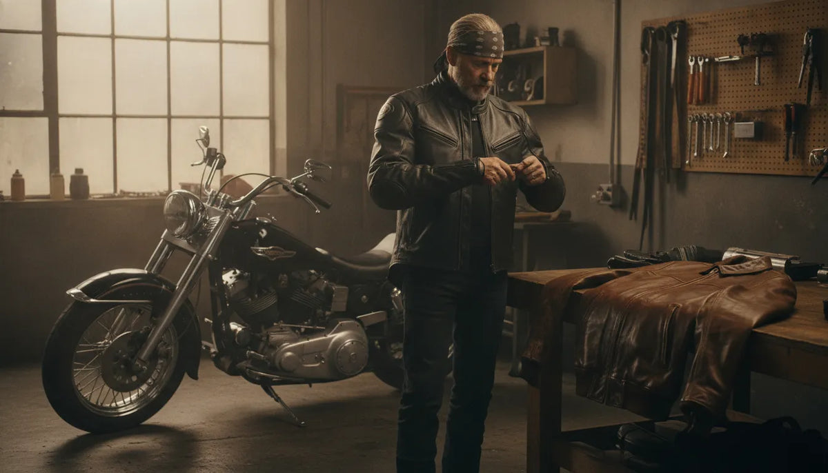 Rider comparing leather jackets beside a motorcycle
