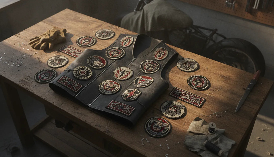 Black leather motorcycle vest with embroidered patches arranged on a workshop table