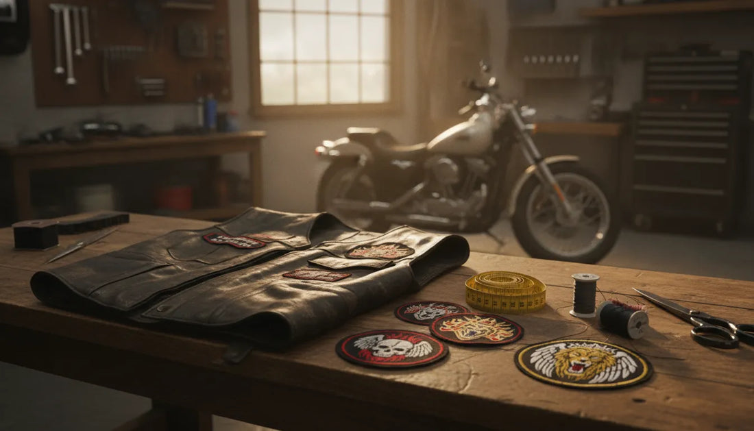 Black leather motorcycle vest and embroidered patches on a workbench