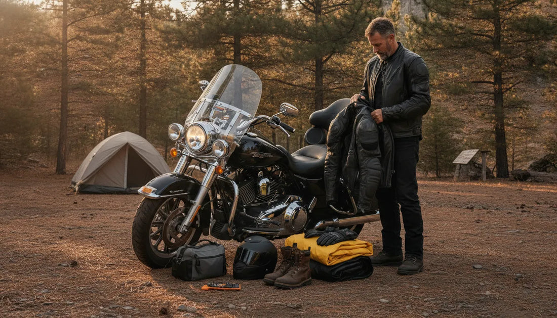 Sturgis motorcycle rally packing list gear beside a touring motorcycle