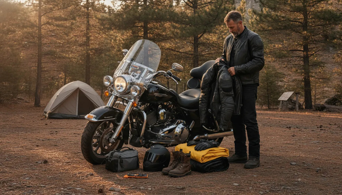 Sturgis motorcycle rally packing list gear beside a touring motorcycle