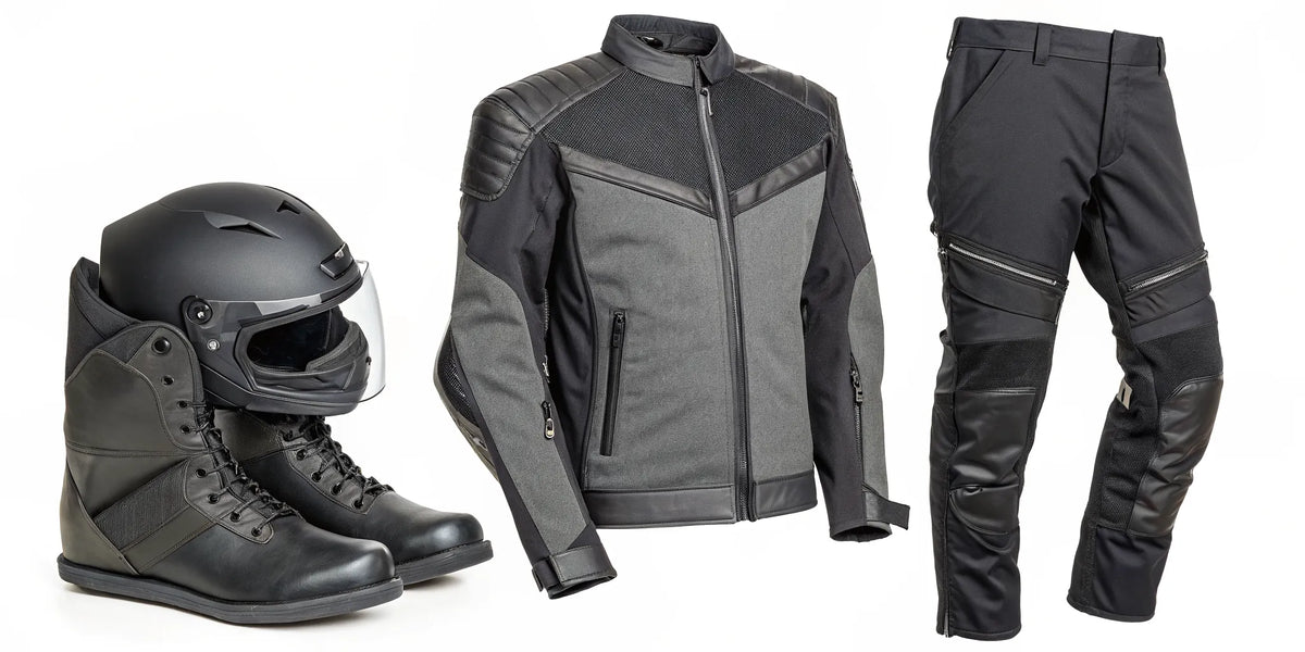 Essential motorcycle clothing for a rider, including a helmet, jacket, pants, and boots.