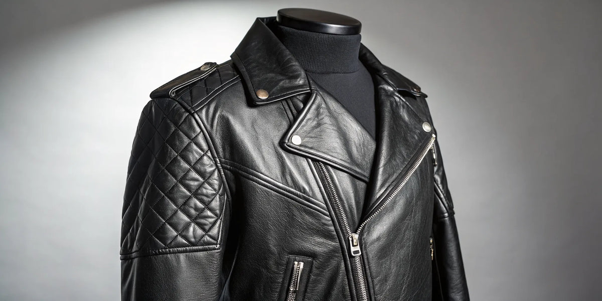 A classic biker style Harley Davidson leather jacket with quilted shoulders and metal hardware.