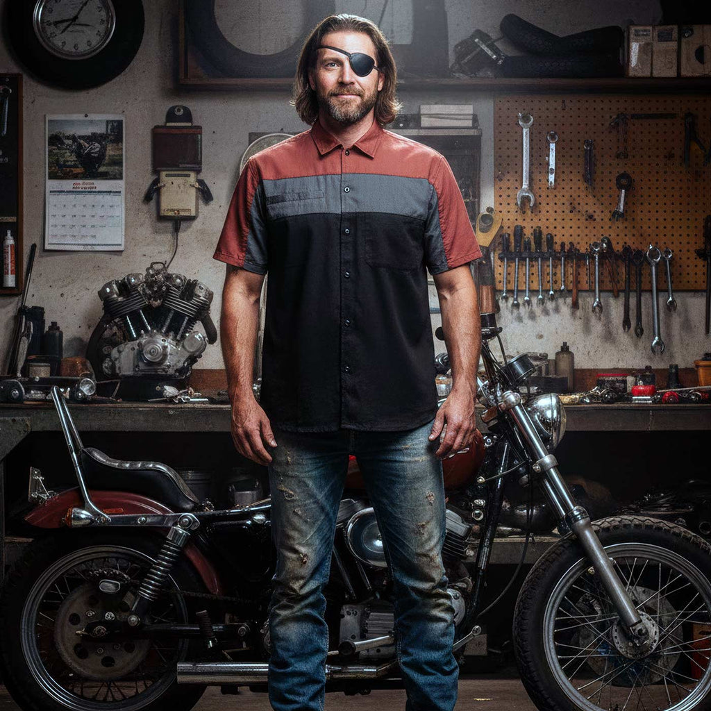 MMCC Men's Pit Stop Classic Mechanic Button Up Shirt - Dual Chest Pockets - Microfiber Panel - Rider Ready - MMC16009