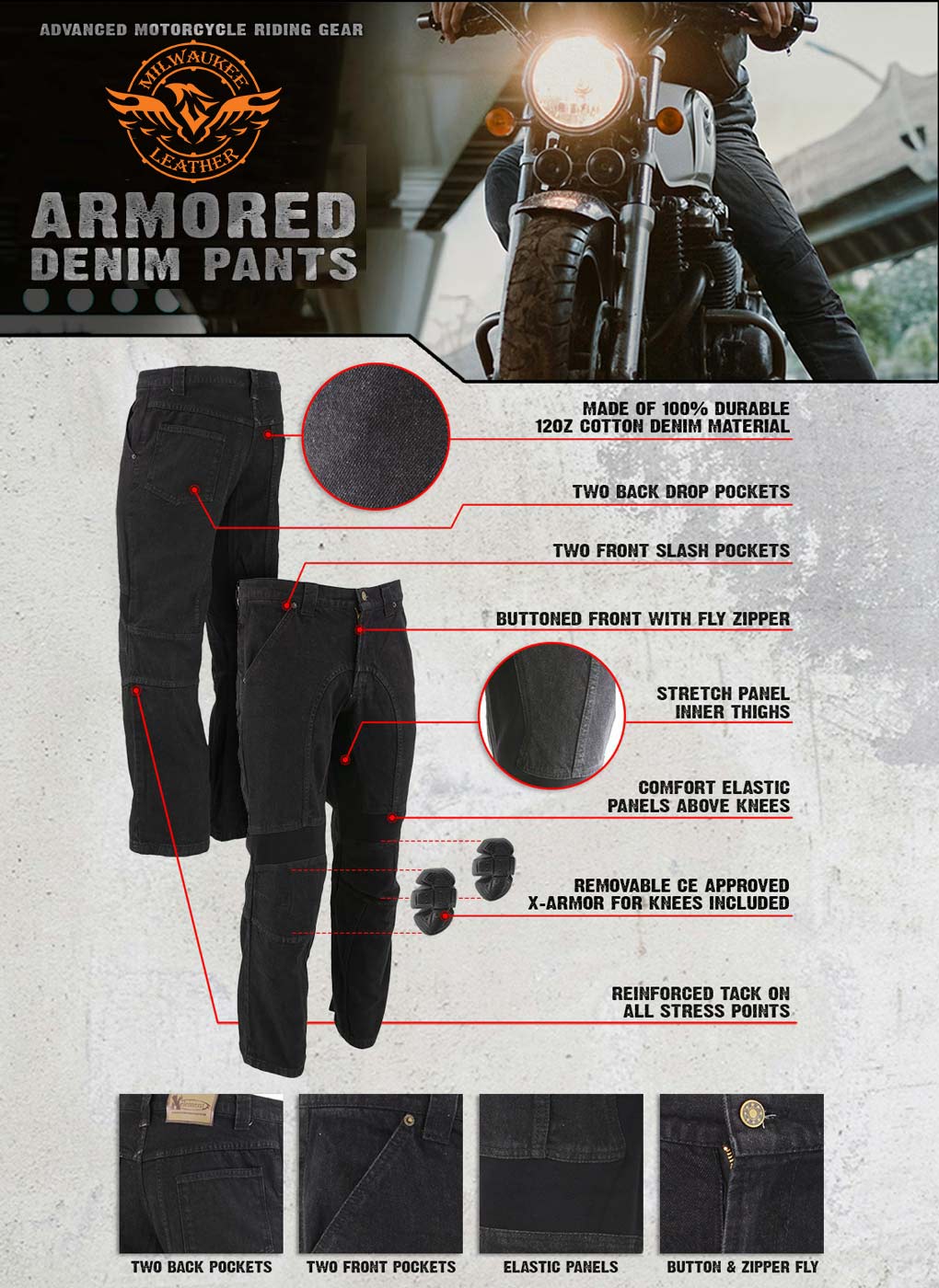 Milwaukee Leather MDM5014 Men's Classic Fit Black Denim Motorcycle Rider Racing Pants w/ CE Armor on Knees