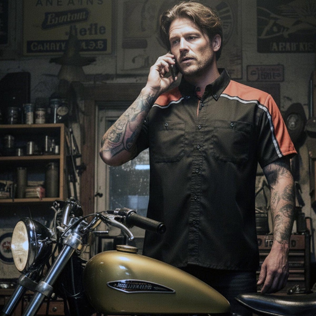 Milwaukee Motorcycle Clothing Co. Men’s Blk/Orange Mechanic Work Shirt – w / Reflective Strip, Rider‑Built MDM11603