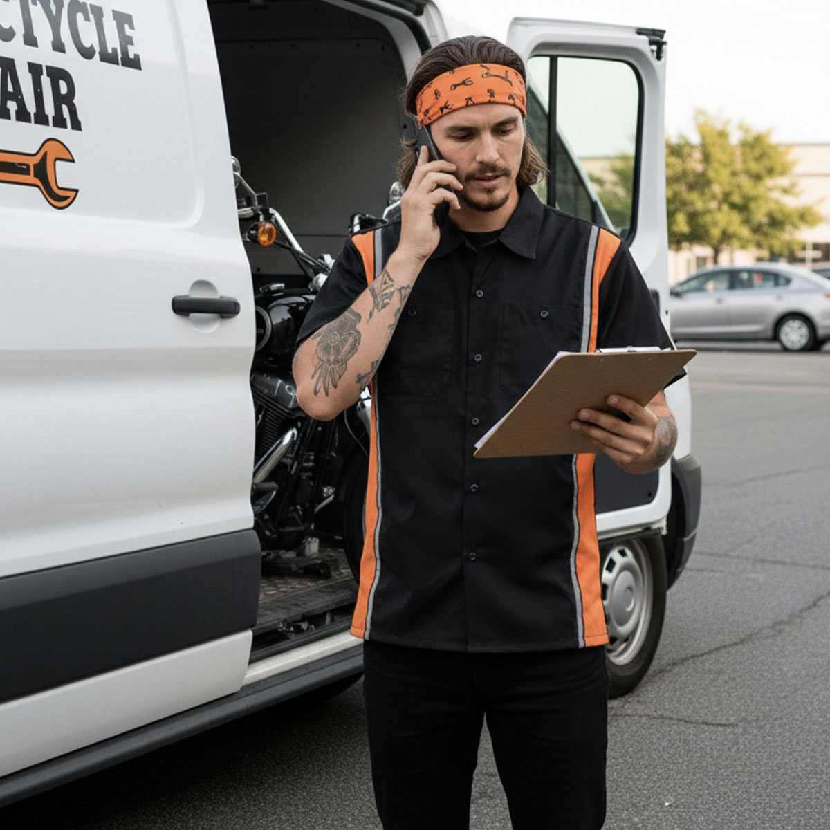 Milwaukee Motorcycle Clothing Co. Men’s Blk/Orange Mechanic Work Shirt – w / Reflective Strip, Rider‑Built MDM11610
