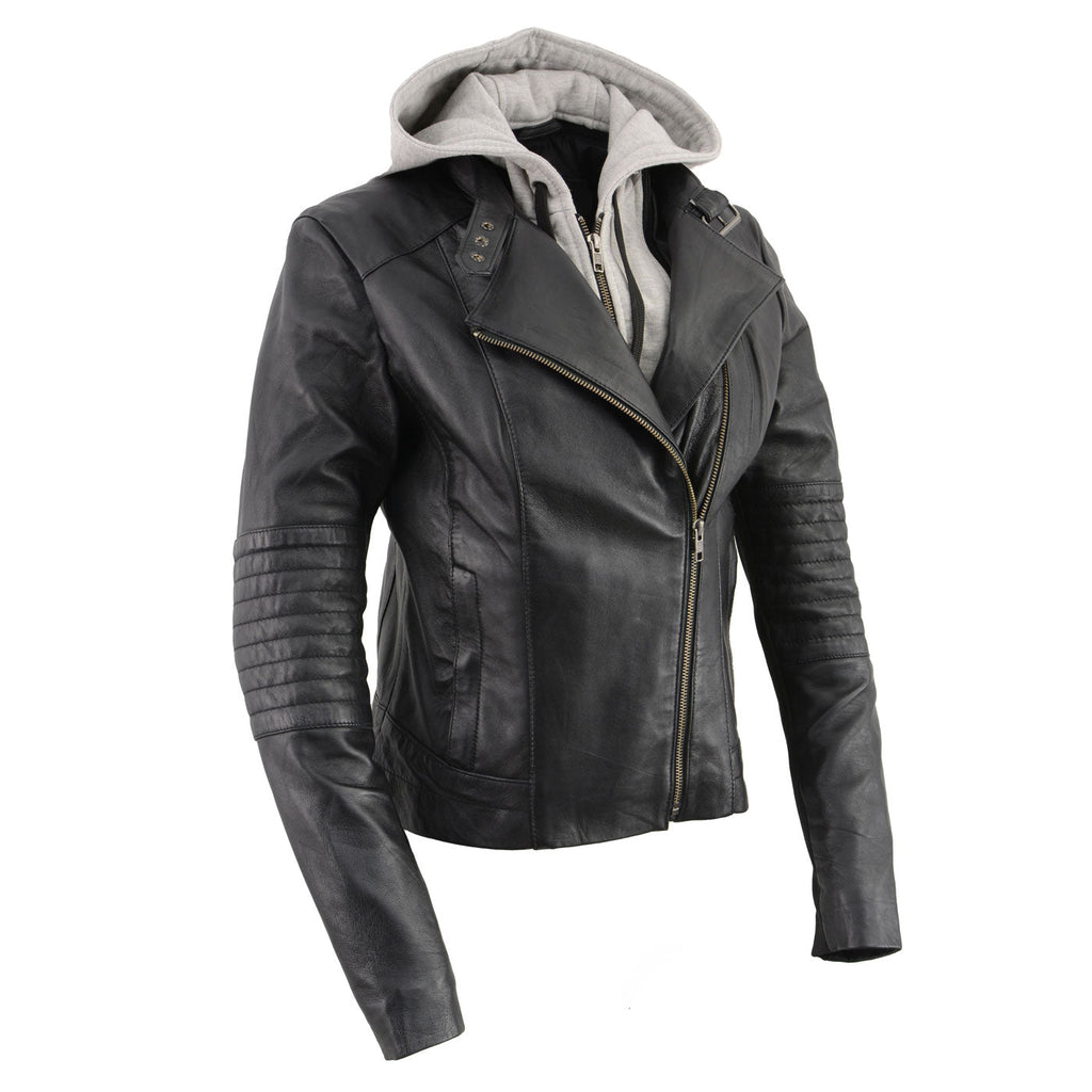 Milwaukee Leather LKL2737 Women's Black Premium Leather Motorcycle Biker Racer Style Scuba Jacket w/ Hoodie