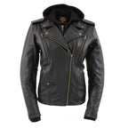 Milwaukee Leather LKL2739 Women's Black Premium Leather Vented Motorcycle Biker Jacket w/ Hoodie